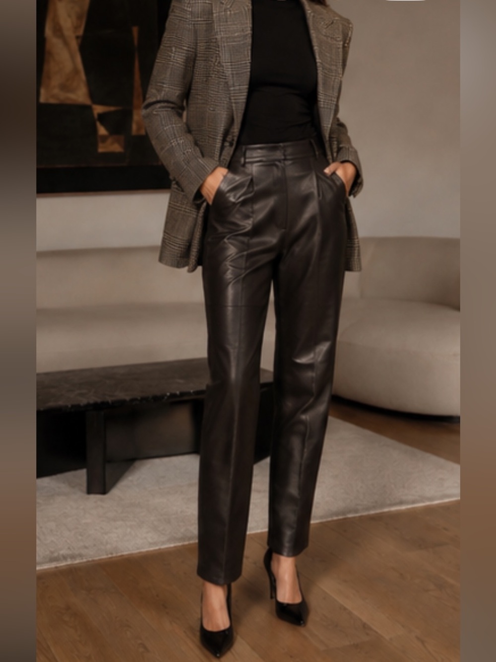Ralph Lauren Black straight Leg tapered pants lamb skin luxury Leather size 8